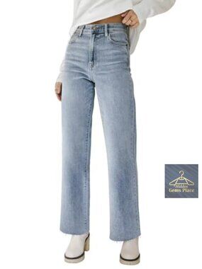 High Waisted Straight Leg Jeans for Women Frayed Raw Hem Cropped Baggy Stretchy